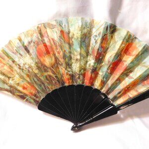 Vintage Edna Hibel Floral Design Fabric Expanding Hand Fan
